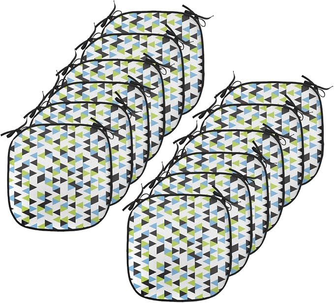 Lunarable Geometric Chair Cushion Pads Set 12, Abstract Patterns Triangles Geometry in Contrasting Colors, Anti-Slip Seat Padding for Kitchen & Patio, 16"x16", Avocado Green Pale Blue