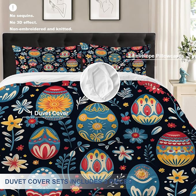 Batmerry Easter Eggs Flowers Full Size 100% Cotton Duvet Cover Sets, Decorative with Colorful Eggs Blooms Bedding Set with Zipper Closure Corner Ties, 3 Pieces (1 Cover + 2 Pillowcases No Comforter)