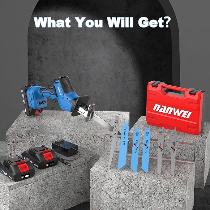 NANWEI Cordless Reciprocating Saw, 20V Brushless Motor 3500RPM Variable Speed, 2×2.0Ah Batteries, Tool-Free Blade Change, LED Light, 6 Blades, Portable for Wood/Metal/PVC Cutting (2.0Ah Batteries)