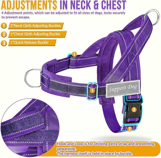 SlowTon No Pull Dog Harness with Front Clip - Heavy Duty, Soft Padded | Neck & Chest Adjustable, Tactical Pet Vest and Leash Set for Large Medium Sized Dogs, for Easy Walk & Training, Purple XL