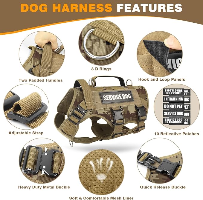 Tactical Dog Harness with Dog Leash, Service Working MOLLE Vest with 10 Pet Patches for Dog, No Pull Military Harness and Backpack for Training Hunting Walking
