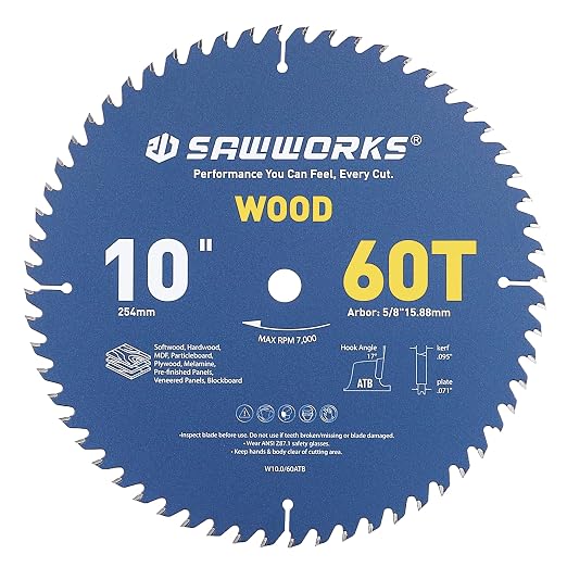 SawWorks 10" 60T ATB Carbide Circular Saw Blade, Clean Finish for Table Saw, for Cabinet Makers & Fine Woodworkers, 5/8" Arbor