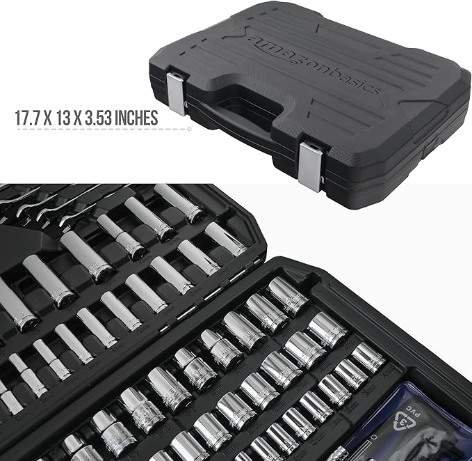 Amazon Basics 201-Piece Mechanic's Socket Tool Set With Case, SAE and Metric Sizes, Chrome-Vanadium Steel, Portable