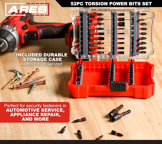 ARES 31022-52-Piece Torsion Power Bit Set with Sliding Bit Holder – Includes Standard and Reduced Philips, SAE Hex, Standard Torx, Slotted, Double-Ended Power, and Square
