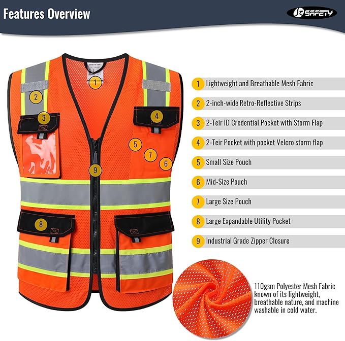 JKSafety Hi Vis Reflective Safety Vests for Men Women High Visibility Vest with Pockets Mesh Fabric Construction Safety Apparel Neon Vest for Work (220-Orange 4XL)