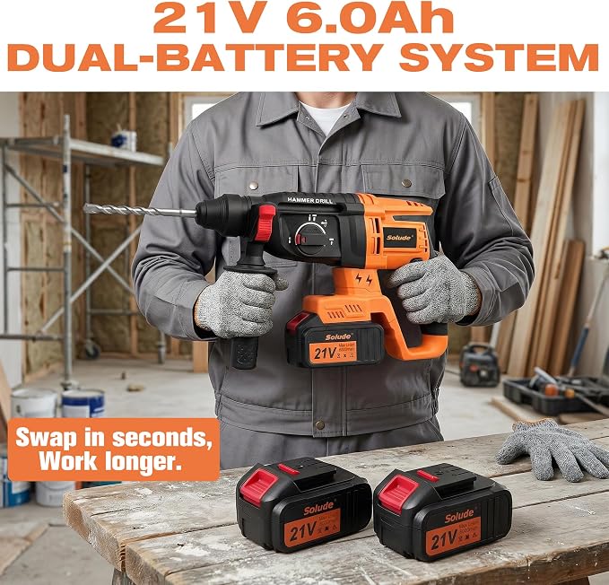 21V Cordless Rotary Hammer Drill with 2 Pack 6Ah Batteries, SDS-Plus Hammer Drill for Concrete Demolition Chipping Rotomartillo Home Renovation with Brushless Motor,4 Working Modes
