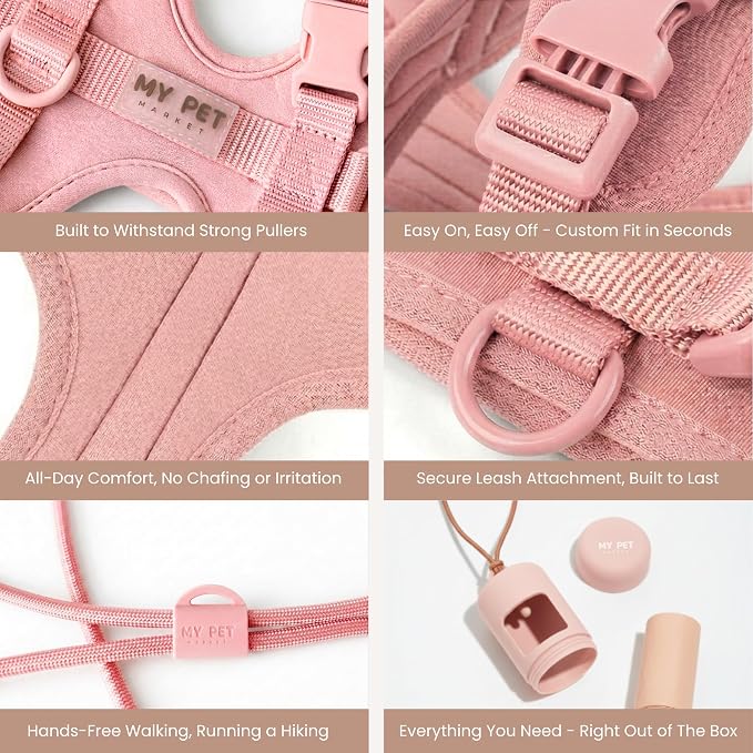 No Pull Dog Harness and Leash Set 3-in-1 Adjustable Anti Pull Dog Harness with Hands-Free Matching Leash,Poop Bag Holder,Easy Walk Dog Harness Extra Small Sized Dog(Pink Sand)