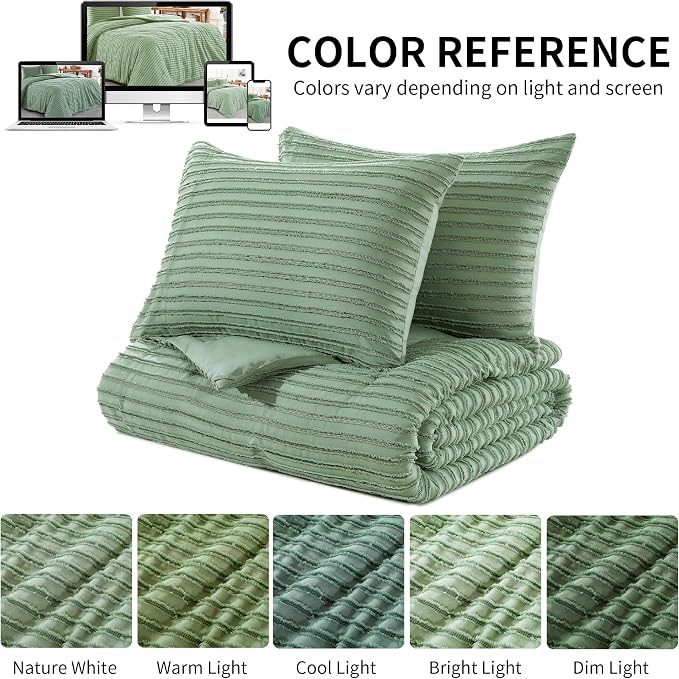 HOMBYS Oversized King Boho Comforter Set 120x120, Sage Green Tufted Jacquard Geometry Bedding Comforter for King Bed, Shabby Chic Bed Sets with 2 Matching Pillow Cases