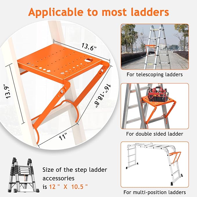 Ladder Platform Attachment,Anti-Slip Extension Ladder Tool,Heavy Duty Ladder Stand Ladder Step,Ladder Accessories Holds 400 Pound (Orange)