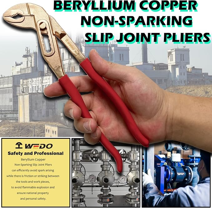 WEDO Non-Sparking Slip Joint Pliers with Rubber Grip Handle 10", Spark-free Safety Slip Joint Pliers,Beryllium Copper, Non-Magnetic, DIN Standard, BAM & FM Certificate, Size 10 * 32 * 250mm