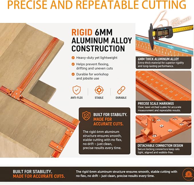 50-Inch Circular Saw Guide Rail Kit, Track Saw Guide for Straight & 90° Cross Cuts, No Special Saw Base Required, Aluminum Alloy Saw Guide Rail for Plywood, MDF and Cabinet Panels