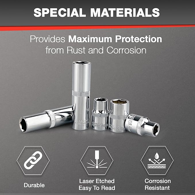 EACELIY 44pcs 3/8" Drive Impact Socket Set,Drive Master Socket Set,SAE/Metric, Deep & Shallow with 3/8" Drive Head Ratchet,Universal Joint,Extension bar (3” & 6”),6 Point,CR-V Steel，Mirror Chrome