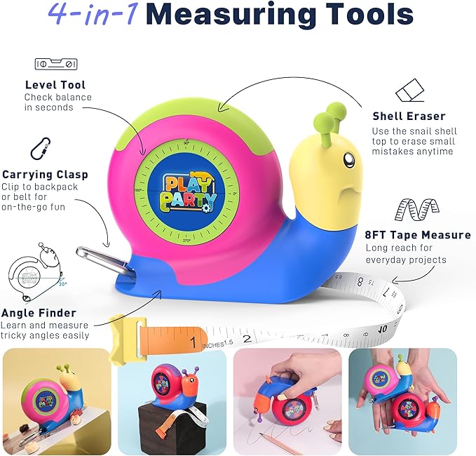 8ft Tape Measure for Kids, STEM Educational Tool with Level, Protractor and Eraser, Retractable Snail Shaped Measuring Tapes, Child-Safe Stocking Stuffers Gift for Boys & Girls 3+, Green