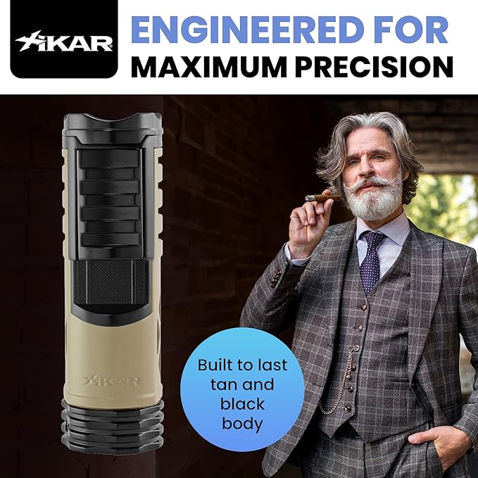 XIKAR Tactical Single-Jet Lighter, Tan and Black - Powerful Flame, Rugged Design with Rest Feature, Pocket Clip, EZ-View Fuel Window, and Adjustable Flame Height - Ideal for Outdoor Use