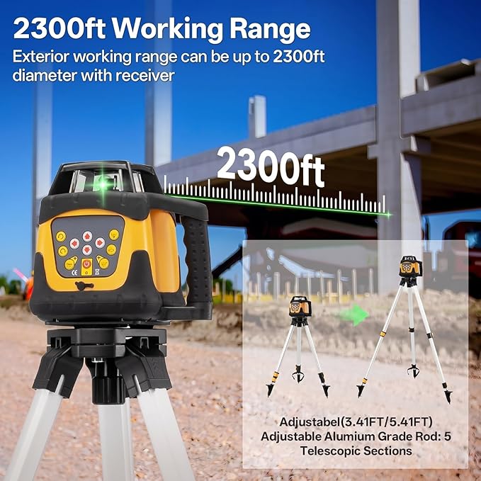 Self-Leveling Green Rotary Laser Level Kit, 2300ft Range with Receiver, ±1/10" Accuracy at 100ft, Class II ≤ 5 mW Laser, IP66 Waterproof, Includes Tripod, Grade Rod & Carrying Case