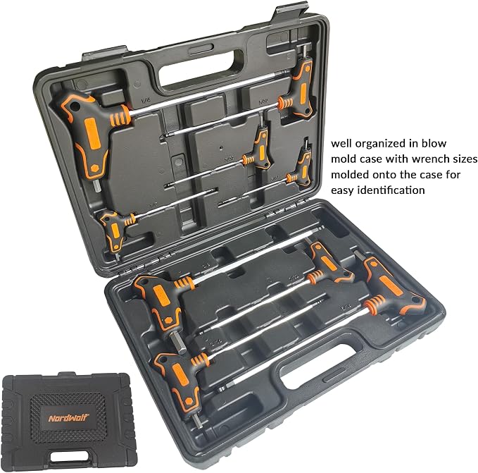 NordWolf 9-Piece T-Handle SAE Allen Wrench Set, S2 Steel Long Arm Ball End Hex Keys, Sizes 5/64" to 3/8" in Storage Box