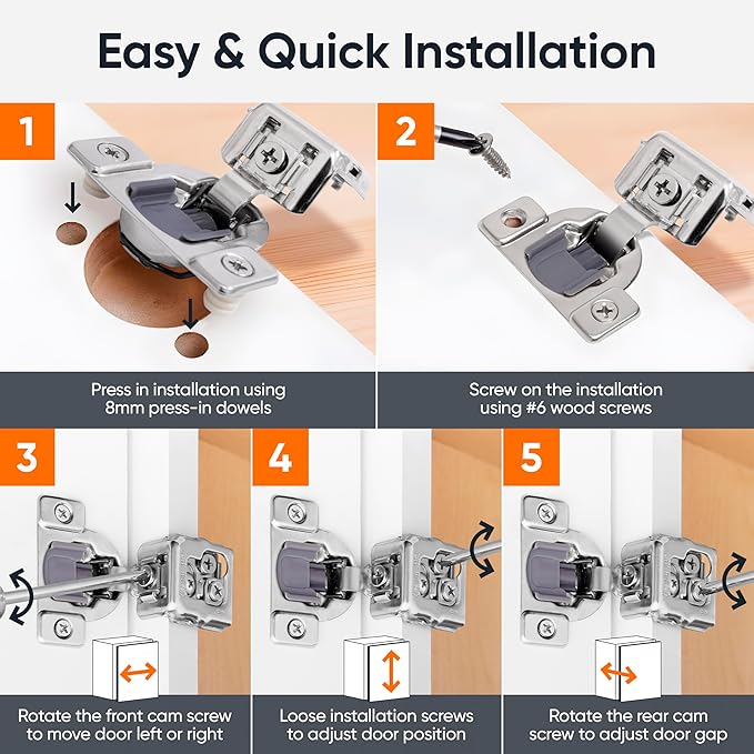 Decobasics 10 Pack Soft Close Cabinet Hinges 1-1/2" Overlay for Kitchen Cabinet Doors, Slow Self-Closing Concealed Hidden Hinges for Face Frame –Stainless Steel, 3-Way Adjustable & Quiet Close Damper
