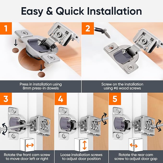 Decobasics 50 Pack Soft Close Cabinet Hinges 1-3/8" Overlay for Kitchen Cabinet Doors, Slow Self-Closing Concealed Hidden Hinges for Face Frame –Stainless Steel, 3-Way Adjustable & Quiet Close Damper