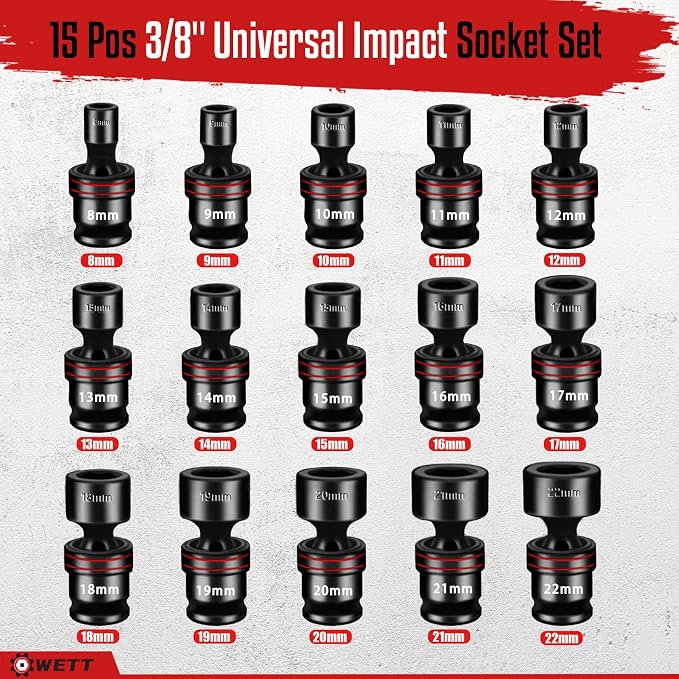 WETT 15-Piece 3/8" Drive Shallow Impact Universal Joint Socket Set, Metric Swivel Socket Set (8-22mm), Flexible Wobble Sockets, 6 Point