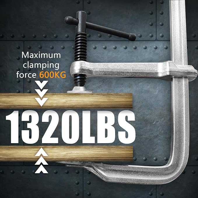 Heavy-Duty 12-Inch F-Clamps, 4-Pack, 1320 Lbs Forged Alloy Steel | 4-3/4" Deep Throat F-Style Bar Clamps for Welding, Metalworking & Fabrication, Swivel Pad & Black-Oxide Spindle