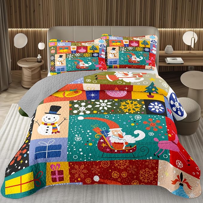 Merry Christmas Patchwork Green Quilt Set King- Santa Claus Gift Snowman Checkered Printed Holiday Bedding Set - Soft Microfiber Lightweight Comforter Coverlet Bedspread(Gift, King(90"x104"))