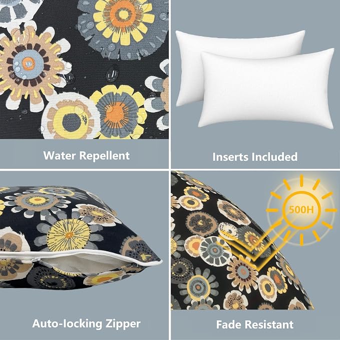 LVTXIII Set of 2 Outdoor Lumbar Pillows for Patio Furniture with White Piping, 12"x20" Fade Resistant Patio Lumbar Pillows with Inserts for Home Coach Sofa Use, Black Yellow Crosby
