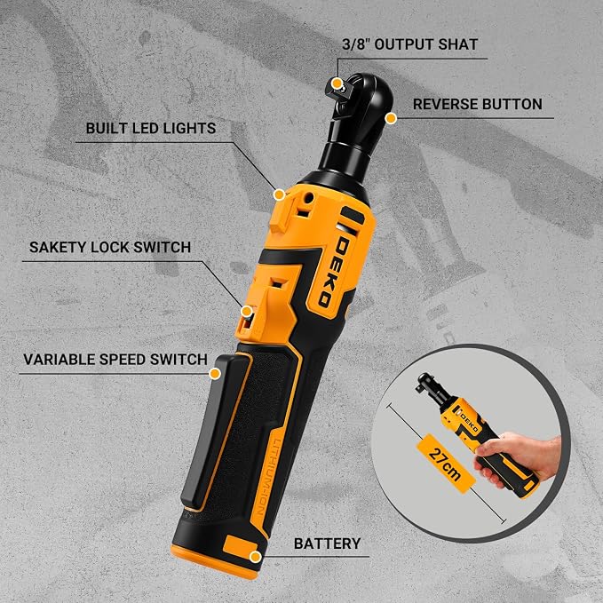 DEKOPRO Cordless Ratchet Wrenches Set：1/4", 3/8", 1/2" Impact Sockets Set, 74Pcs 3/8'' Electric Ratchet Wrench Tool Kit with Adjustable Speed, LED Light for Battery