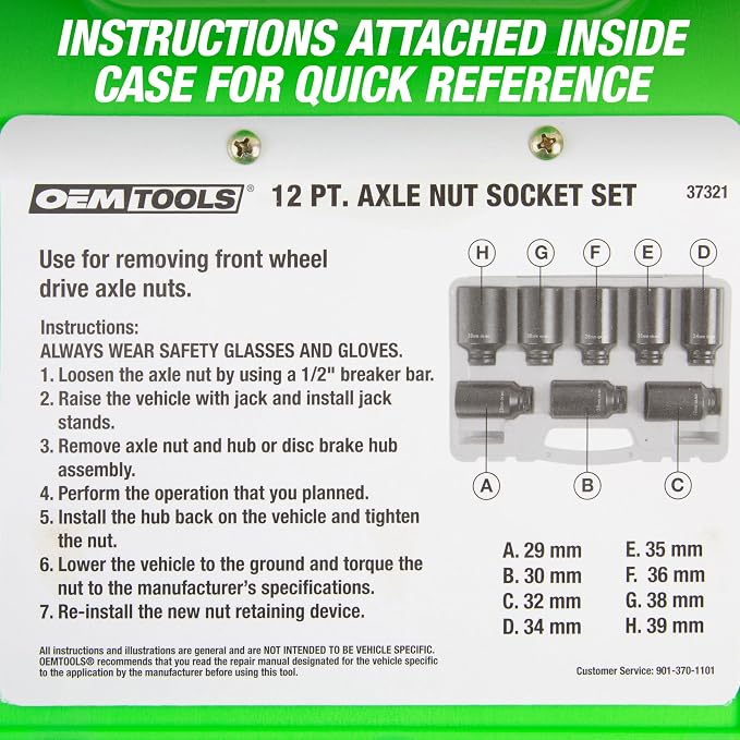 OEMTOOLS 37321 8-Pc 12 Point 1/2 Inch Drive Axle Nut Socket Set with Case | 1/2" Drive Impact Set 29mm-39mm, Cr-Mo Steel Metric Socket Set, Precision-Machined Deep Impact Sockets, Black Oxide Finish