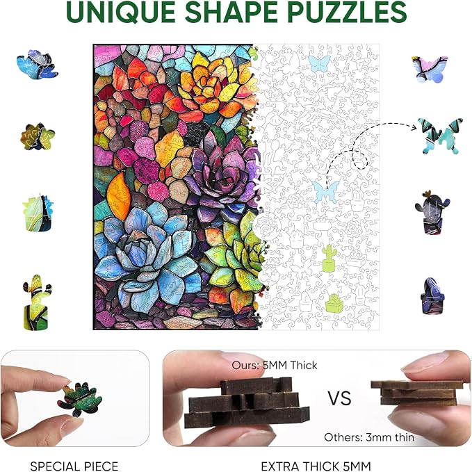 Delobi Stained Glass Puzzle Succulent Wooden Puzzles for Adults 300 Pieces, Unique Challenging Jigsaw Puzzles Gift for Friends Family Game 12.4 x 12.4 Inch