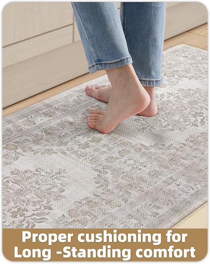 Color&Geometry Anti Fatigue Kitchen Mats for Floor 2 Piece 24"x59"+24"x87", Vintage Kitchen Rug Set, Waterproof & Oil Proof, 0.4" Thick Cushioned, Non-Slip Wide Runner for Sink, Laundry,Khaki