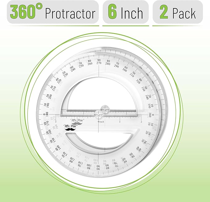 Mr. Pen- 360 Degree Protractor, 6 Inch, 2 Pack, Clear Full-Circle Protractors for Precise Angle Measurement, Ideal for Geometry, Math Class, Drafting, Engineering, and Technical Drawing