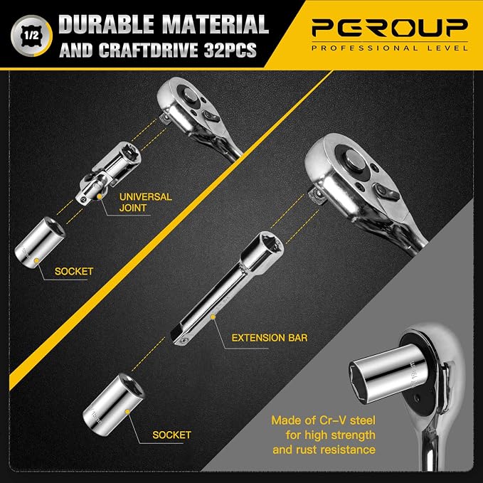 1/2 inch Drive 8mm-32mm Metric socket set, 32-piece Mechanic Tool Socket Ratchet Wrench Set, for Auto Repairing & Household