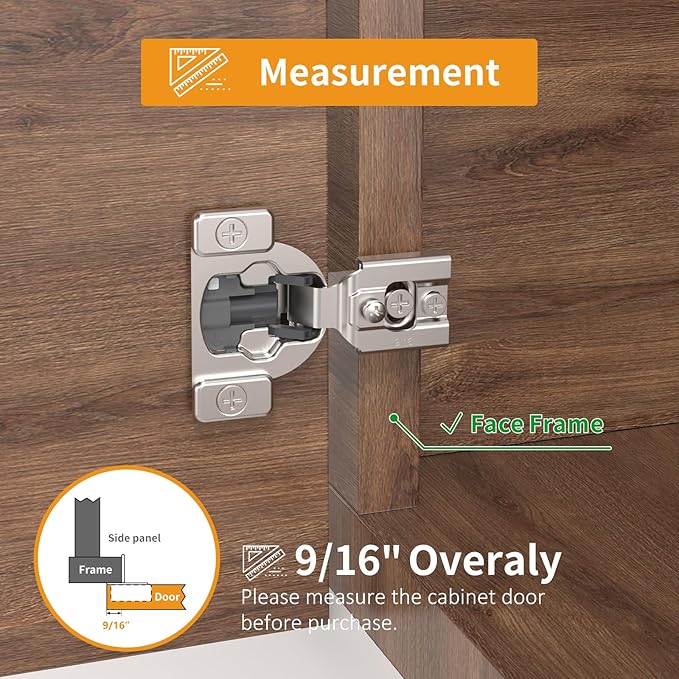 Chibery 20 Pack 9/16" Overlay 4D Concealed Hinges for Face Frame Door, Soft Close On/Off Switch, Self Closing, 105° Open Angle Concealed Stainless Steel Hinges for Framed Cabinet, Satin Nickel