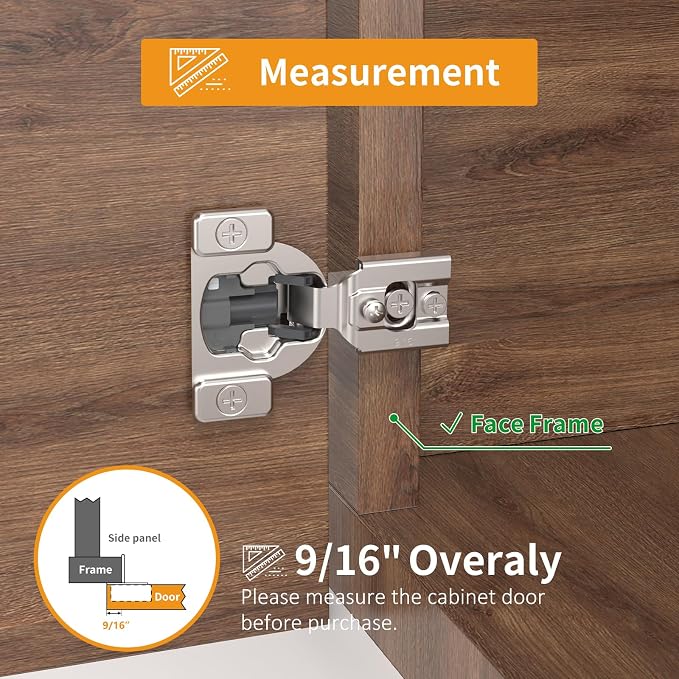 Chibery 50 Pack 9/16" Overlay 4D Concealed Hinges for Face Frame Door, Soft Close On/Off Switch, Self Closing, 105° Open Angle Concealed Stainless Steel Hinges for Framed Cabinet, Satin Nickel
