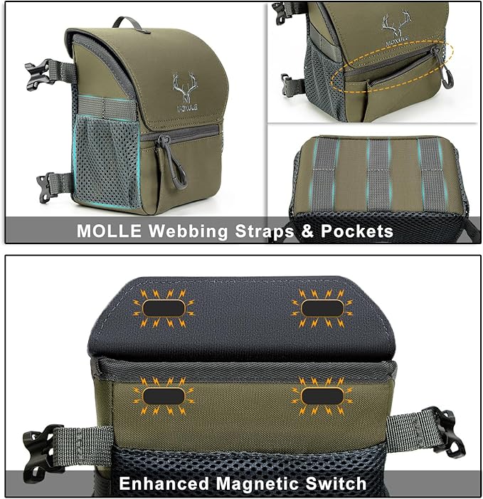 Binocular Harness Chest Pack: Bino Case, Magnetic Lid, Rain Cover | Silent one-hand access, water-resistant fabric, MOLLE webbing for hunting, birdwatching and hiking