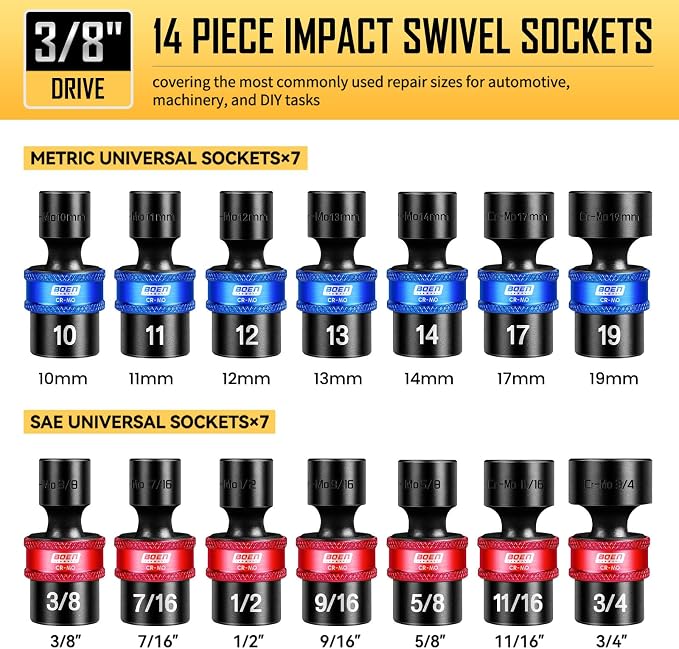 BOEN 14-Pieces 3/8 Inch Drive Impact Swivel Socket set, Metric (10-19mm) & SAE (3/8”- 3/4”) Universal Wobbly Sockets With Cr-Mo Steel, 6-Point Shallow Universal Joint Socket for Tight Spaces