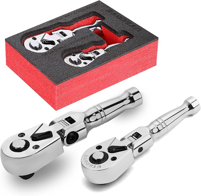 1/4 3/8 Inch Drive Stubby Ratchet Set Flex Head Ratchet S4&4.9" | tubby Ratchet Wrench Set, 72 Tooth Quick Release Swivel Head Ratchet Flexible Socket Wrench with Storage Tray