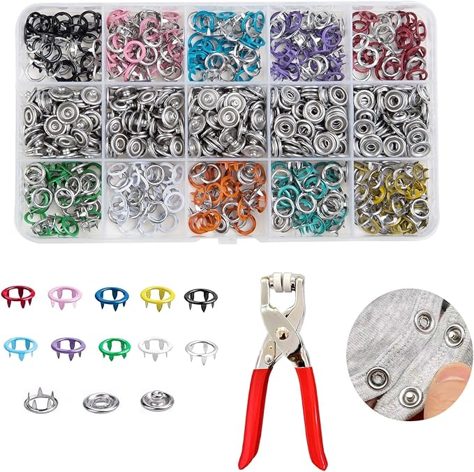 200 Sets Metal Snap Buttons Kit with Fastener Pliers Press Tool - 9.5mm Snap Fasteners for DIY Crafts, Clothing, Hats, Sewing, and Fabric Projects