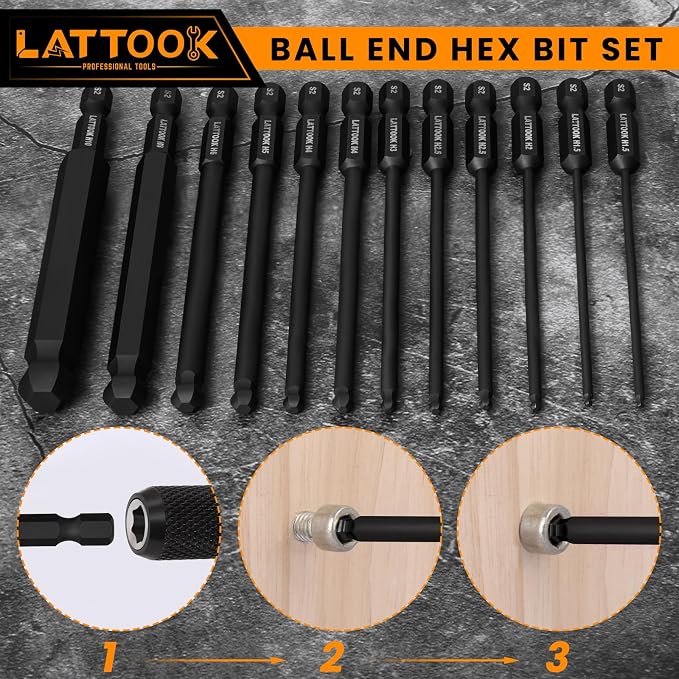 Metric Ball End Hex Bit Set with Quick Change Bit Driver | LATTOOK 12PCS Ball End Hex Head Allen Wrench Drill Bit Set, Allen Key Drill Bit Set, Magnetic S2 Steel, 4'' Long