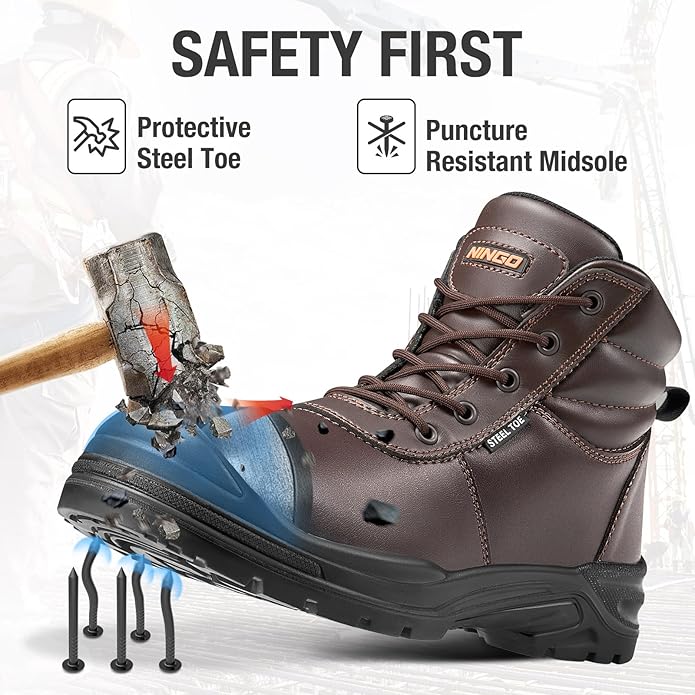 NINGO Steel Toe Work Boots for Men, Non Slip & Puncture Resistant Construction Boots with Breathable Lining, EH Protection, Comfortable Mens Safety Leather Work Shoes for Industrial, Walking Warehouse