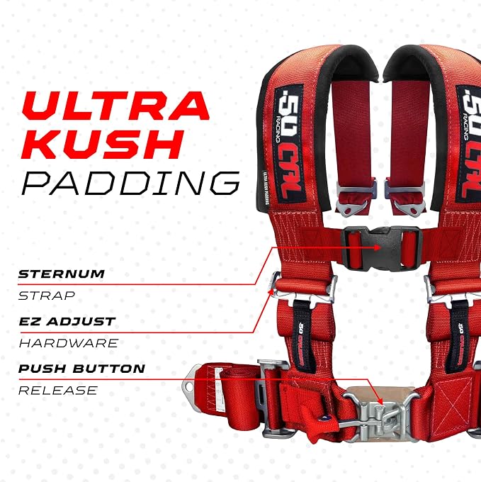 1pc 50 Cal Silver 4 Point Harness 2 inch straps, Racing Harness Seat Belt | Ultra Kush padding, Push Button quick release hardware. Universal Fit for UTV, RZR, race car