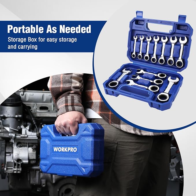 WORKPRO 12PCS Stubby Combination Ratcheting Wrench Set, Metric 8-19mm | with Storage Box, 72-Teeth, Cr-V Steel, HRC 50 Hardness, For Home Project, Auto Repair, Plumbing, Construction, Machinery