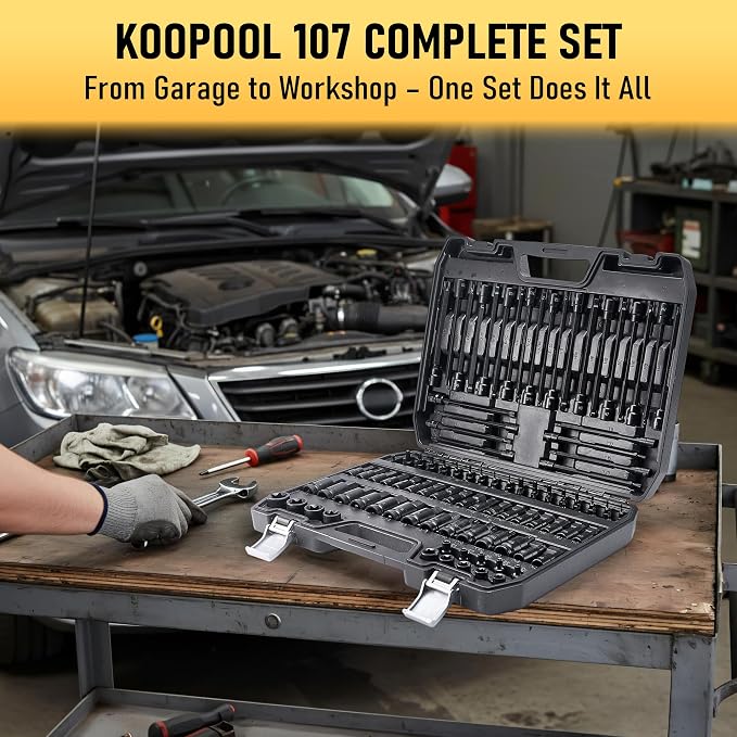 107-Piece Master Torx & Allen Bit Socket Set, 1/4" 3/8" 1/2" Drive,S2 Steel, Long Torx, Ball End Hex, Tamper-Resistant Star, E-Star Sockets, SAE & Metric (Phosphate-Black Set)