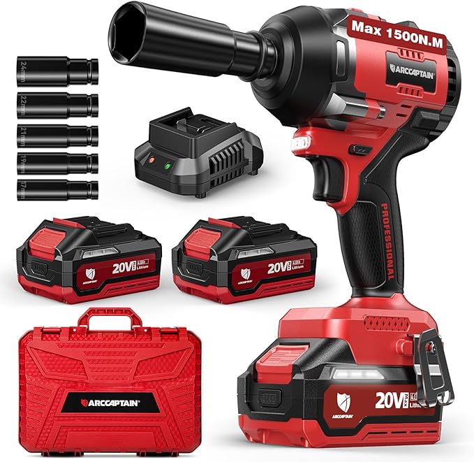 ARCCAPTAIN Cordless Impact Wrench, 1500N.m (1106Ft-lbs) 1/2" High Torque Impact Gun, 15C High-Rate 2x4.0Ah Batteries, 20V Power Impact Driver, Supports Up to 40mm Socket for Heavy Truck/Car/Pickup