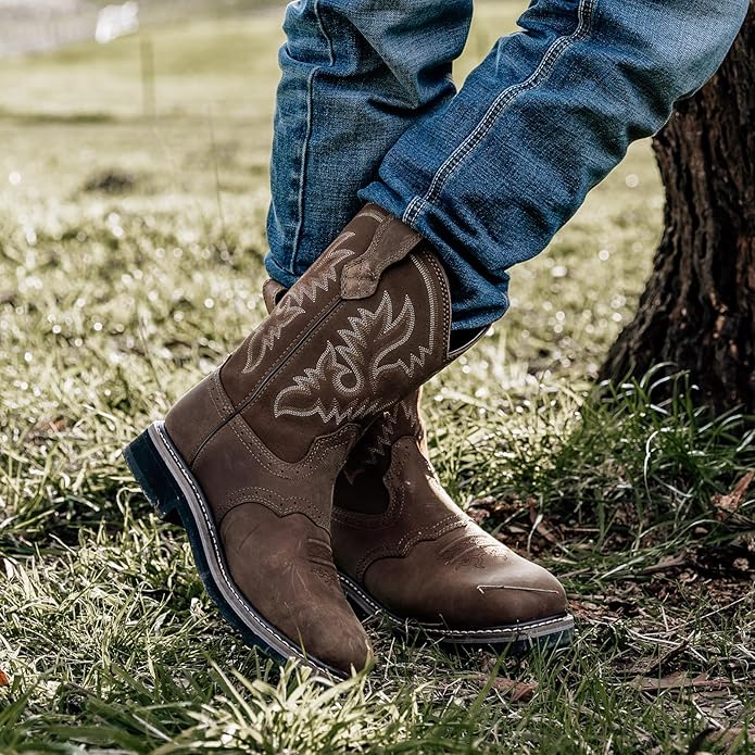 HISEA NINGO Steel Toe Work Boots for Men, Waterproof Square Toe Cowboy Boots Slip on, Comfortable Soft Toe Pull on Western Safety Work Shoes for Construction Industrial Working Welding Riding, Brown