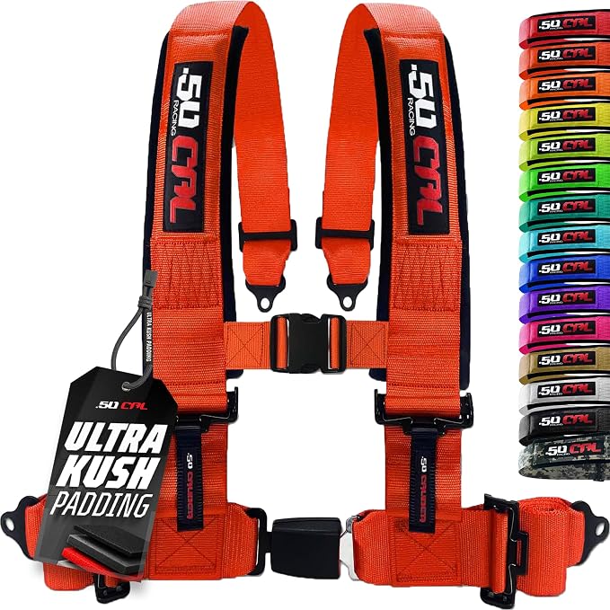 1pc 50 Cal Orange 4 Point Harness 2in Straps, Racing Harness Seat Belt | Ultra Kush padding, Push Button quick release hardware. Universal Fit for UTV, RZR, race car.