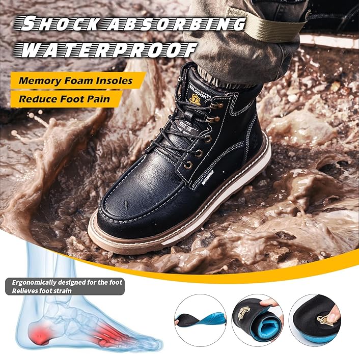 KELODON Waterproof Steel Toe Boots For Men-6" Leather Moc Toe Work Boots Mens Steel Toe Shoes Indestructible Non Slip Resistant Construction Safety Boot