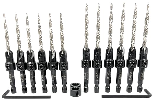 FTG USA Countersink Drill Bit Set 6 Pc #8 (11/64"), 6 Pc #10 (3/16") Tapered Countersink Bit, Stop Collar, Hex Wrench, Woodworking Countersink Drill Bits