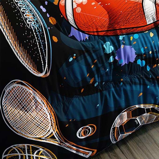 Axolotl Ball Game Bedding Set Full, Basketball & Volleyball Comforter Set Sports Bedding, Soccer & Football Comforter Colorful Grunge Style for Kids Boys Teens, 1 Quilt 2 Pillowcases