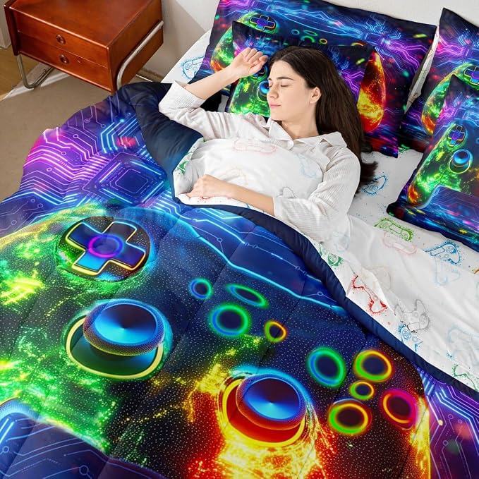 Erosebridal 3D Modern Gamer Bed in a Bag King Size Comforter Set 7 Pieces | Gamer Controller Bedding Sets Geometric Neon Gaming Comforter and Sheet Set, Video Game Consoles Bed Sets,Boys Room Decor
